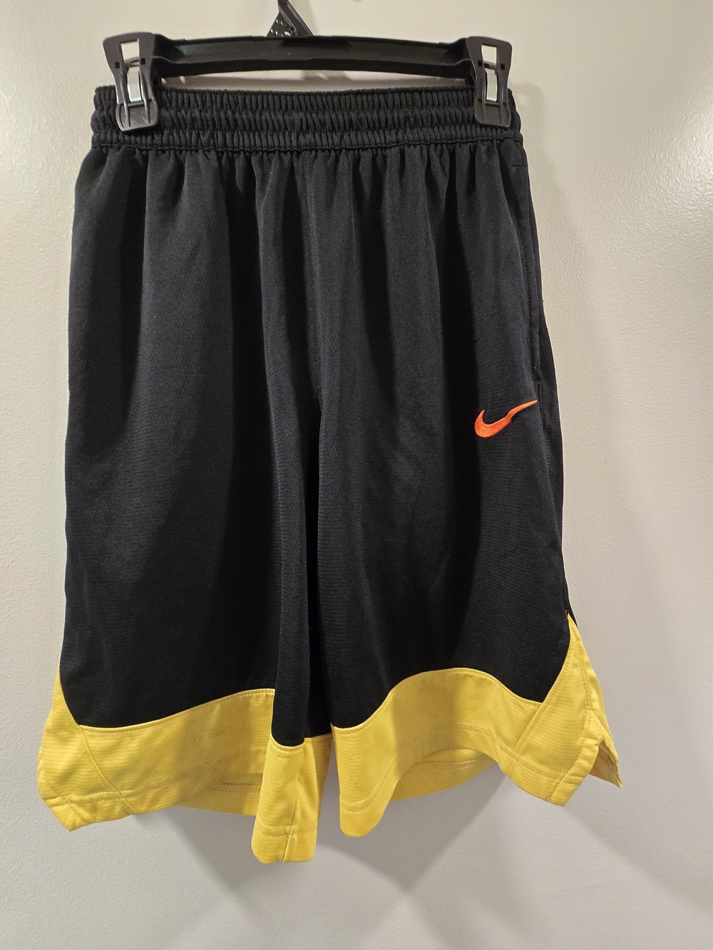 Nike Black Basketball Shorts with Yellow Hem and Orange Swoosh